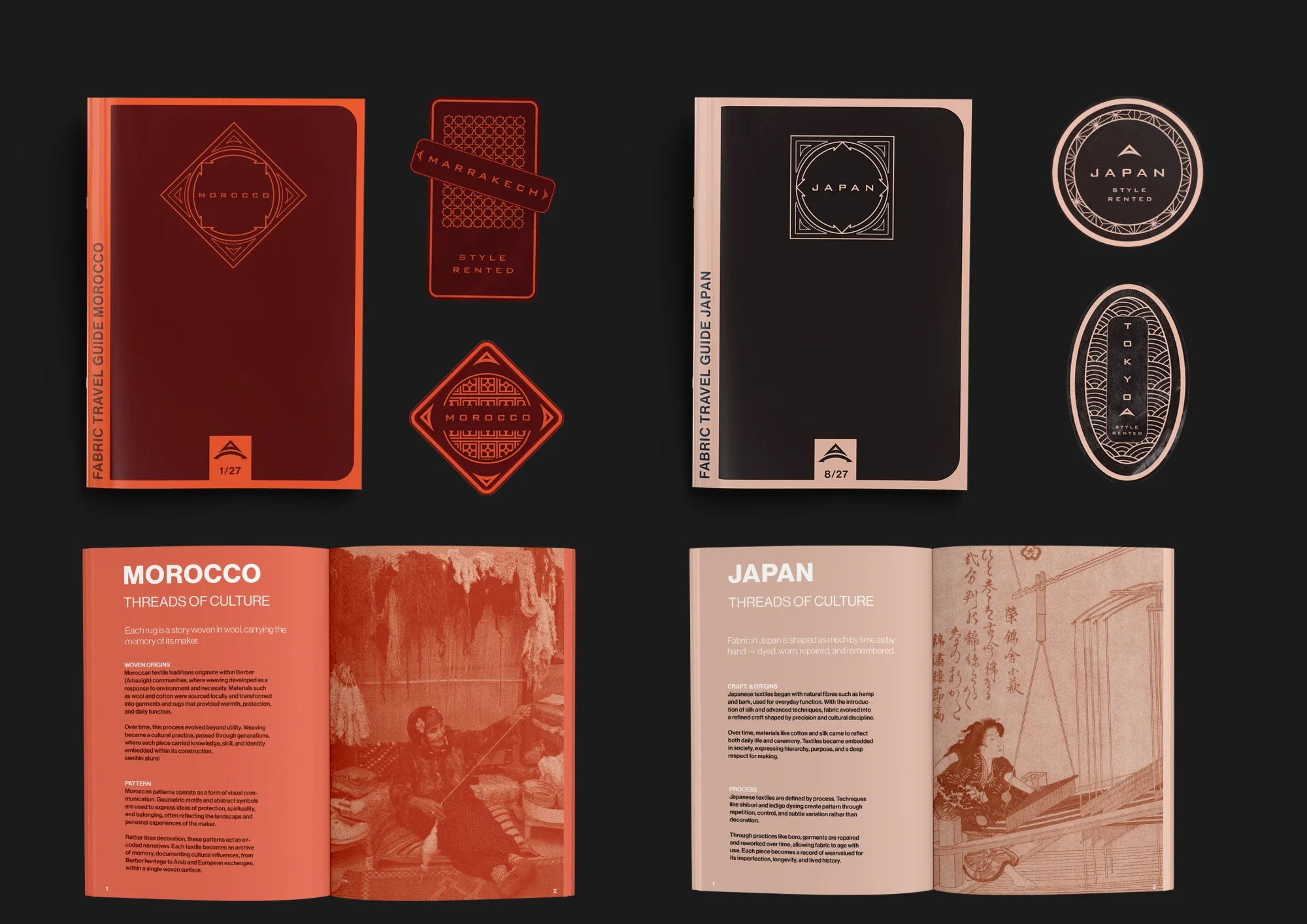 ATLAS fabric travel guides for Morocco and Japan, open on their Threads of Culture spreads, with destination stickers