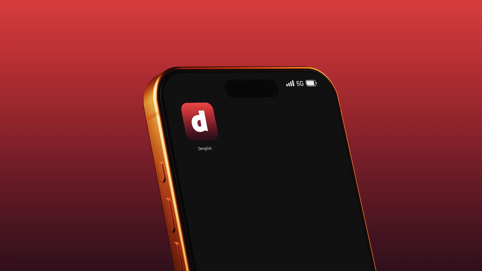 The Denglish app icon on a phone home screen, against a red gradient