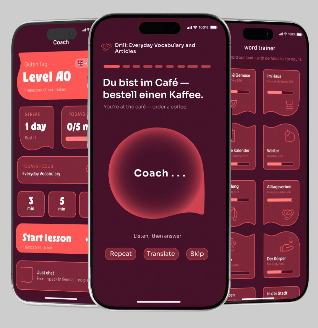 Three Denglish app screens: coach, vocabulary drill and word trainer