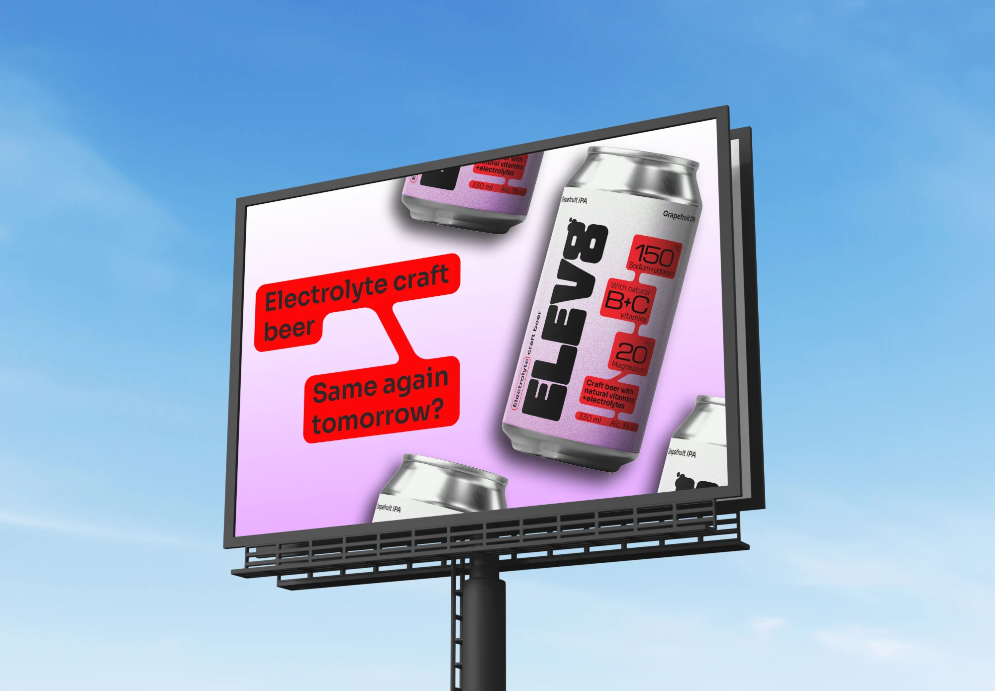 An ELEV8 billboard reading Electrolyte craft beer, same again tomorrow?