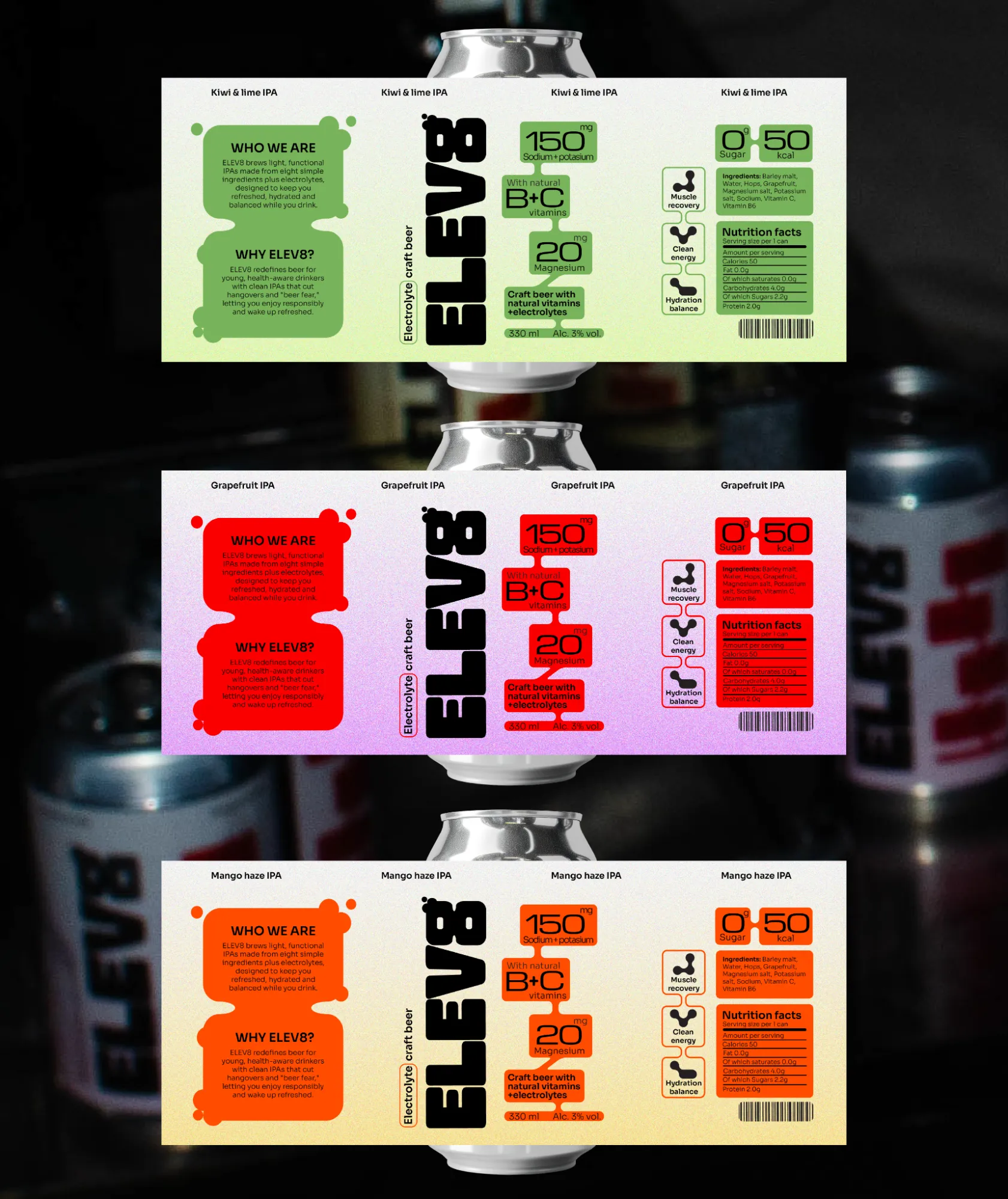 The ELEV8 can labels in kiwi & lime, grapefruit and mango haze
