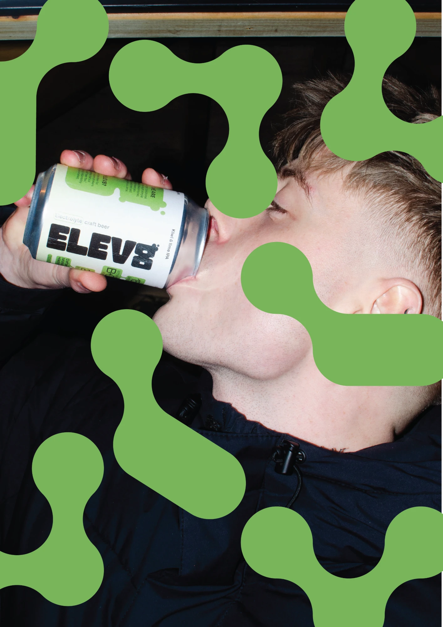 A poster of someone drinking ELEV8, framed by green molecule shapes