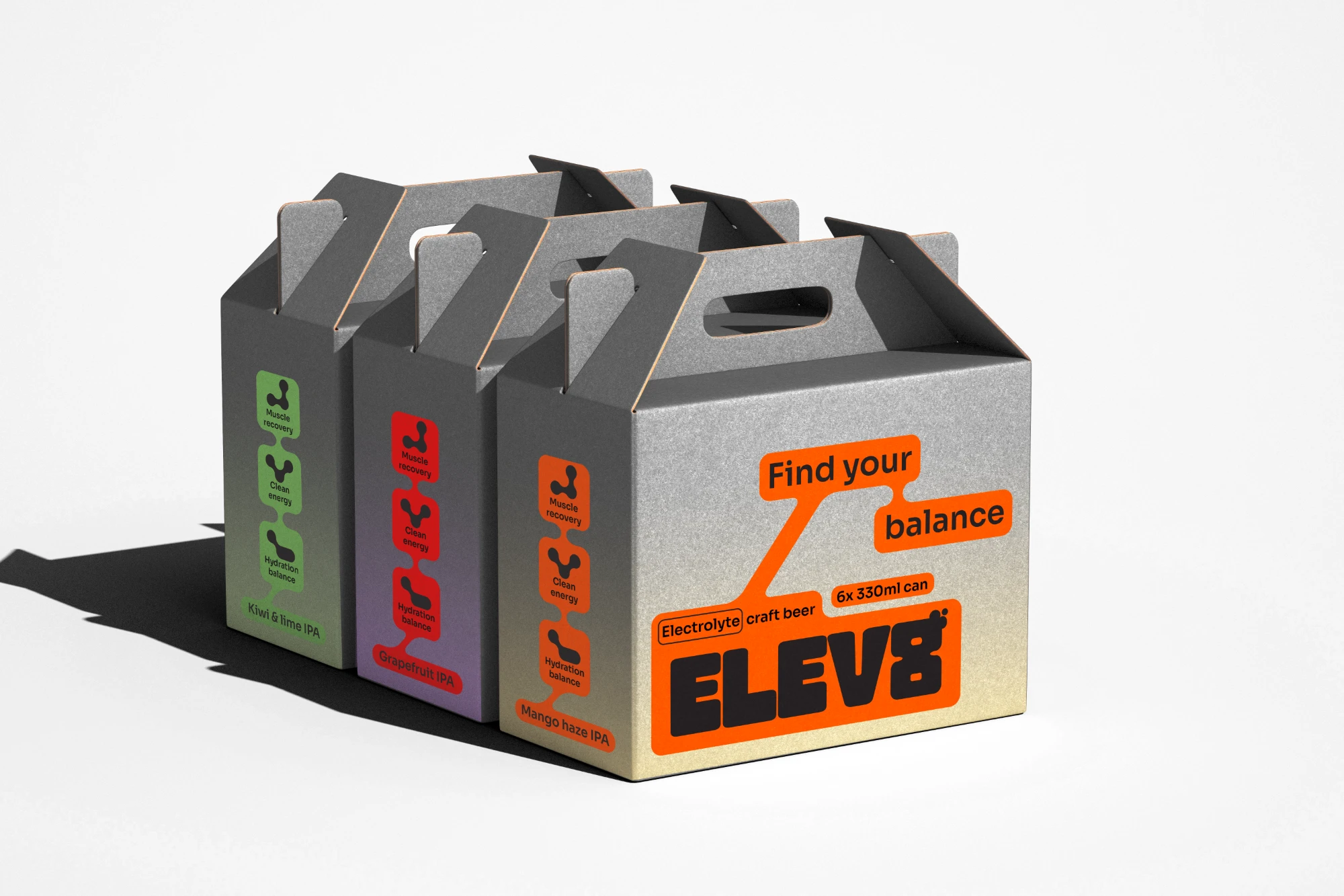 Three ELEV8 six-pack carry boxes in kiwi, grapefruit and mango