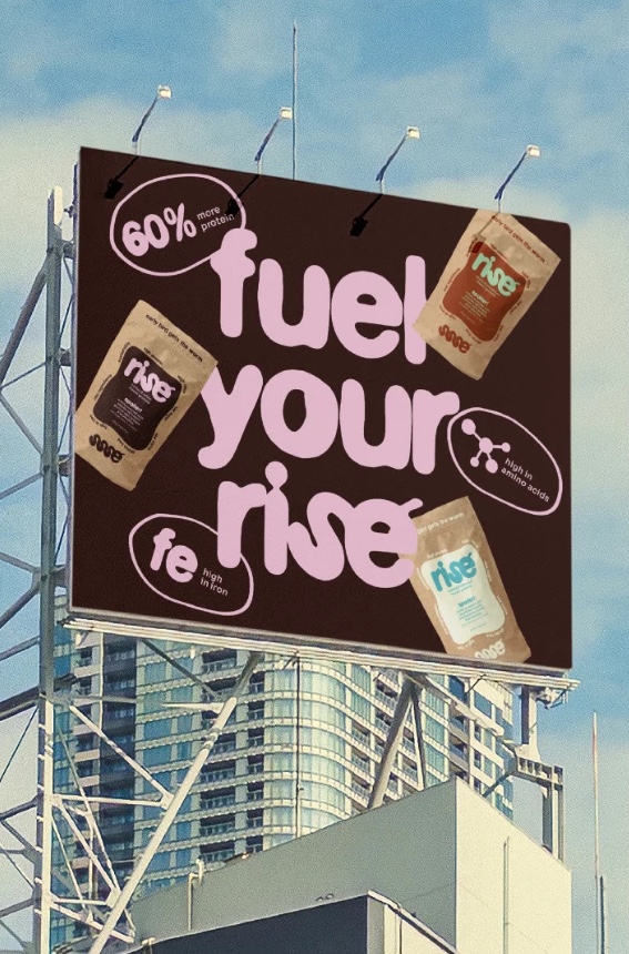 A rooftop rise billboard reading fuel your rise