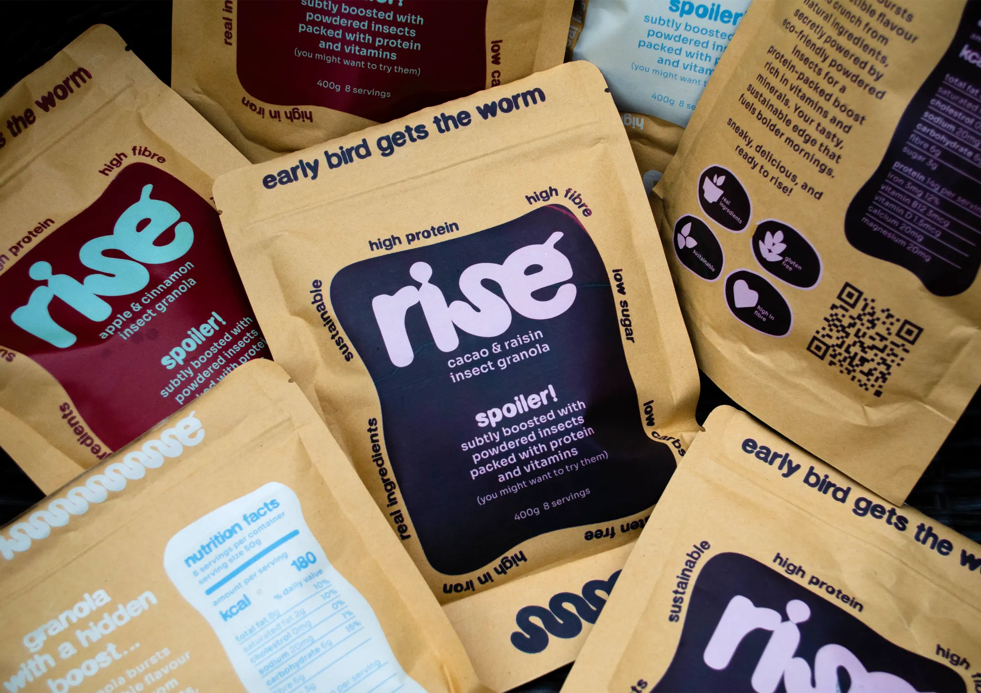 A flat lay of rise granola pouches, fronts and backs, with nutrition panels